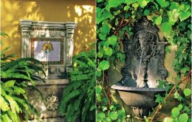 Слева: В испанских винодельческих усадьбах часто можно увидеть такие декоративные пристенные фонтаны, украшенные яркими изразцами. Слева: Этот пристенный фонтан из чугуна со встроенной системой циркуляции воды создан в венском стиле.
